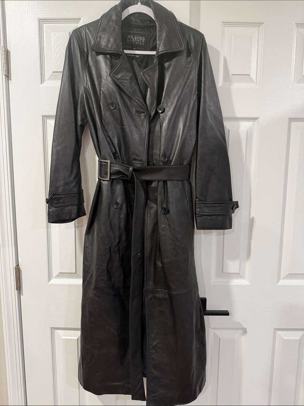 Wilsons Leather Black Double-Breasted Leather Trench Coat